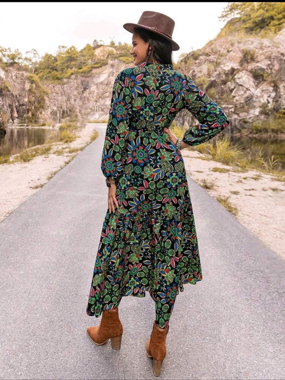 Bohemian Floral Maxi Dress - Black with Multicolor Floral - Picture 4 of 14